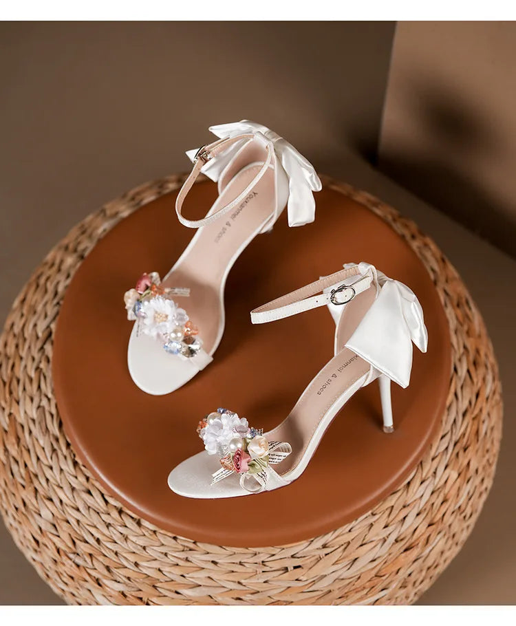 Women’s Open Toe High Heel Sandals – Satin Flower Bow, Buckle Strap, Elegant Dress & Wedding Shoes