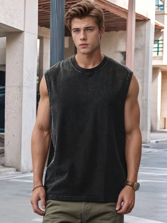 Summer Men’s Washed Cotton Tank Tops – Muscle Gym Sleeveless Workout T-Shirts – Running Beach Loose Cutoff Tees Anbican