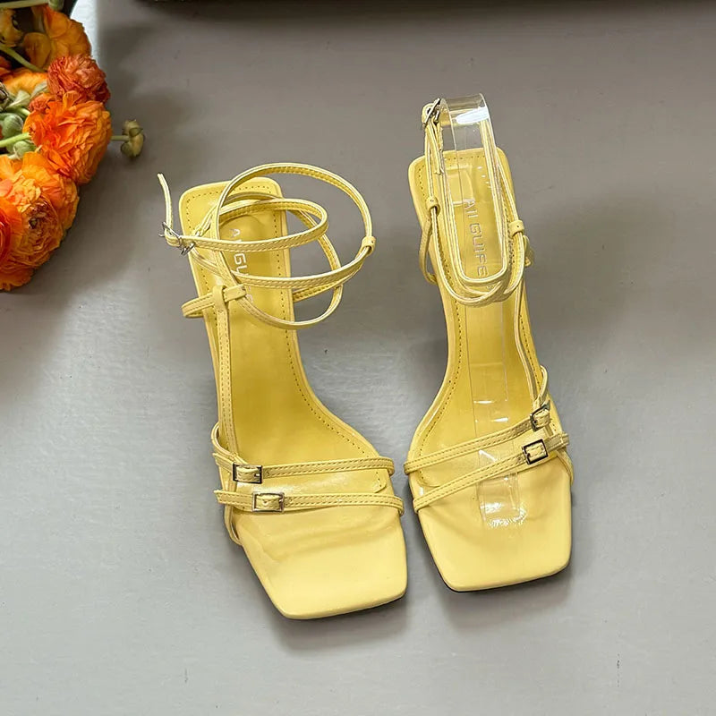 Women's Thin Heel Sandals – Ankle Buckle, Square Toe, Shallow Pumps, Fashion High Heels Footwear