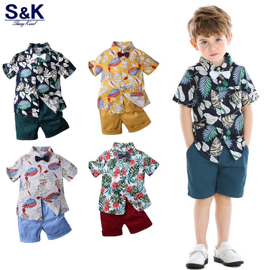 Baby Boys Floral Shirt & Shorts Set with Bowtie, Summer Gentleman Outfit for Infants and Kids