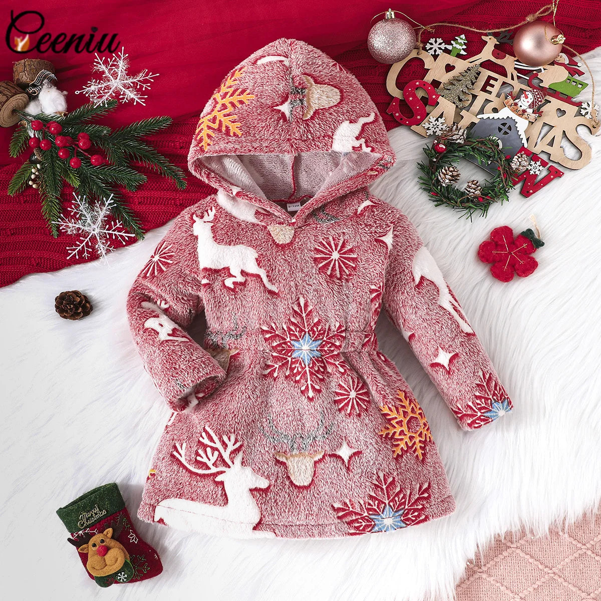 Baby Girl New Year Dress – Green Christmas Tree Print Outfit, “My First New Year” Costume for Newborns & Toddlers