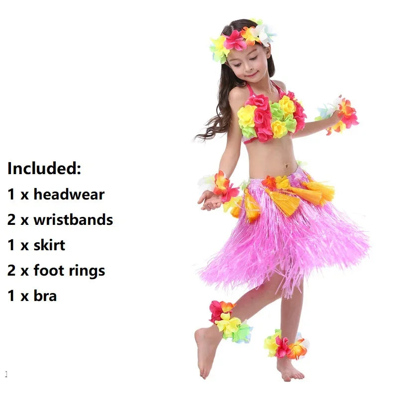 Hawaiian Hula Costume Set for Kids & Teens – Grass Skirt, Top, Flower Lei Necklace, Headband, Anklets & Bracelets (40 cm)