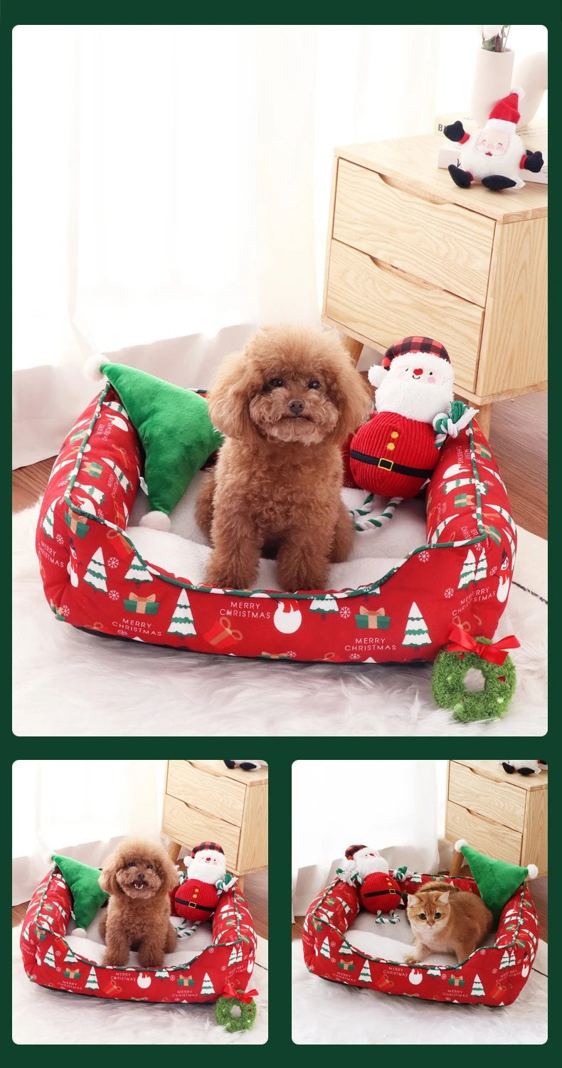 Christmas Cat and Small Dog Bed with Raised Bolster Sides and Soft Sleeping Cushion, Festive Indoor Pet Nest
