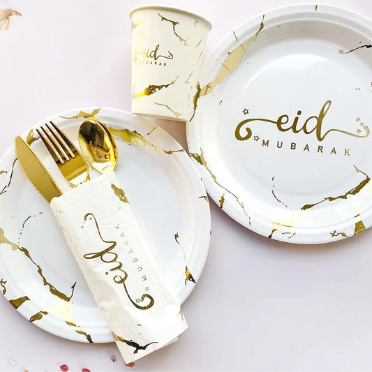 Ramadan Decoration 2025 Disposable Tableware Eid Mubarak Paper Plates Cups Ramadan Kareem Decor Islam Muslim Eid al-Fitr Party