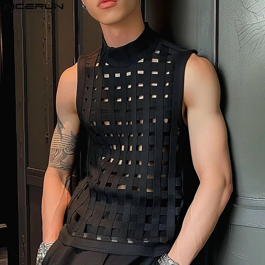 Men's Tank Tops Hollow-Out Solid Color Turtleneck Sleeveless Casual Vests, Sexy 2024 Streetwear Fashion for Men - INCERUN