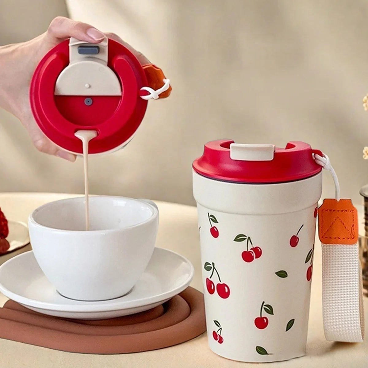 Cherry Pattern Plastic Tumbler Cup with Rope – 350–400ml Reusable Water, Coffee & Milk Mug