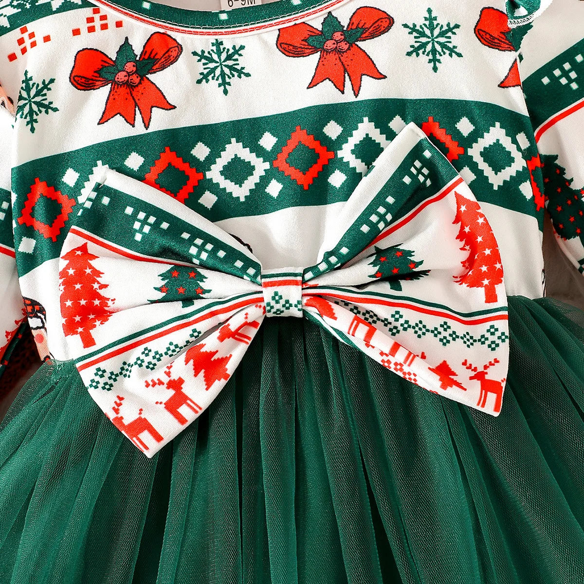 Baby Girl New Year Dress – Green Christmas Tree Print Outfit, “My First New Year” Costume for Newborns & Toddlers