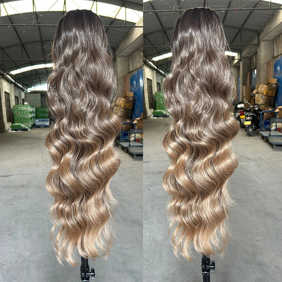 28-Inch Synthetic Drawstring Ponytail – Ombre Brown & Piano Blonde Body Wave, 180g Heat-Resistant Hair Extension