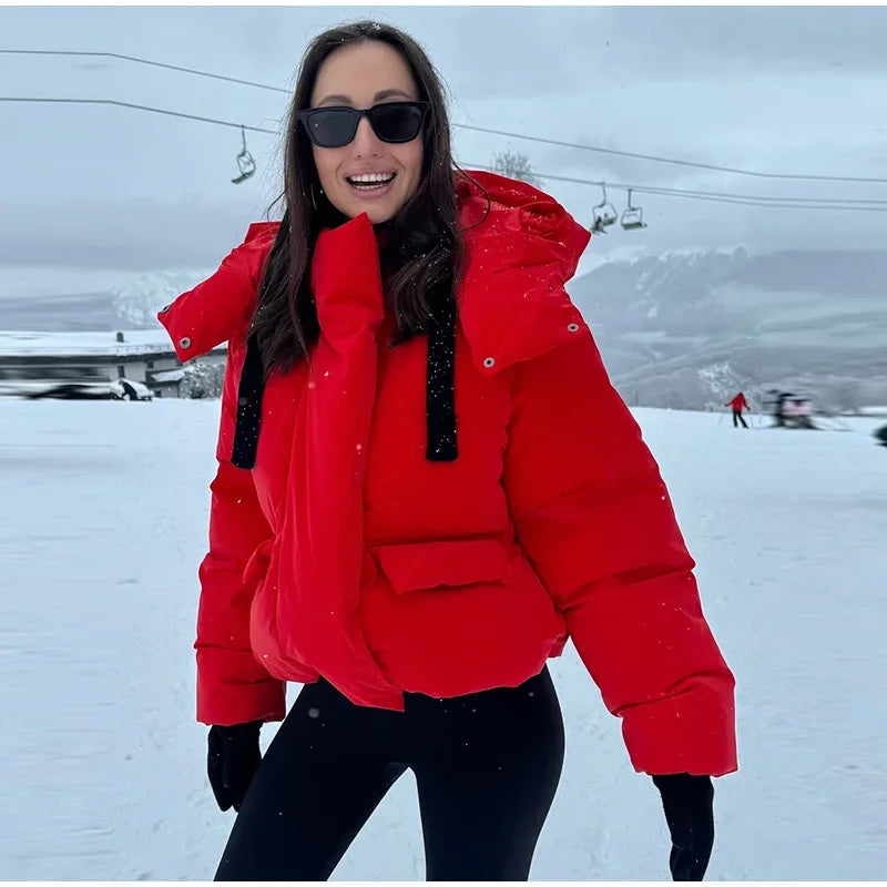 Women’s Hooded Cotton Winter Jacket – Solid Color Short Coat with Zipper Pockets, Warm Casual Outerwear