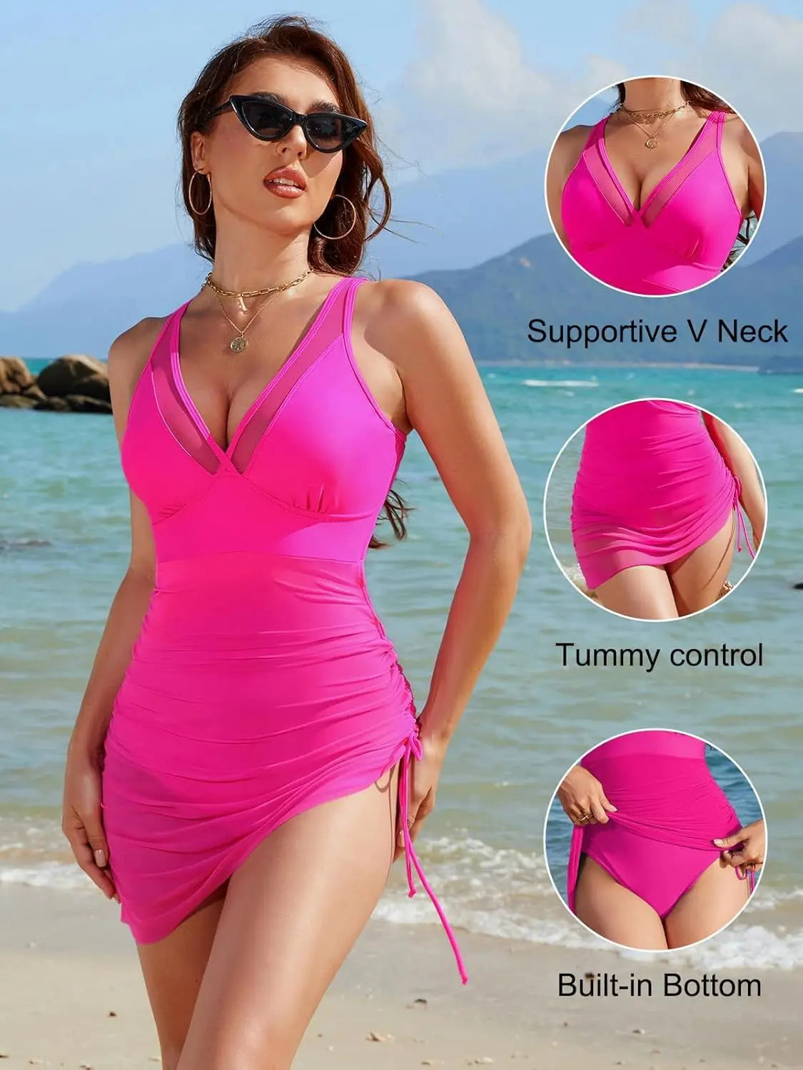 Women’s Mesh Drawstring Swimsuit – Solid Color Stylish Bathing Suit