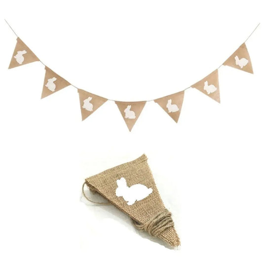 Bunny Party Garland Decoration 2M 7 Flags Vintage Burlap Linen Bunting Flags Pennant For Happy Easter Decorations