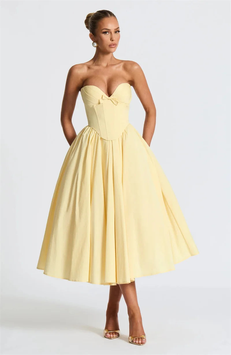 Elegant Off-Shoulder Strapless Midi Dress for Women – Sleeveless, Backless, A-Line Party Dress with Bow Detail