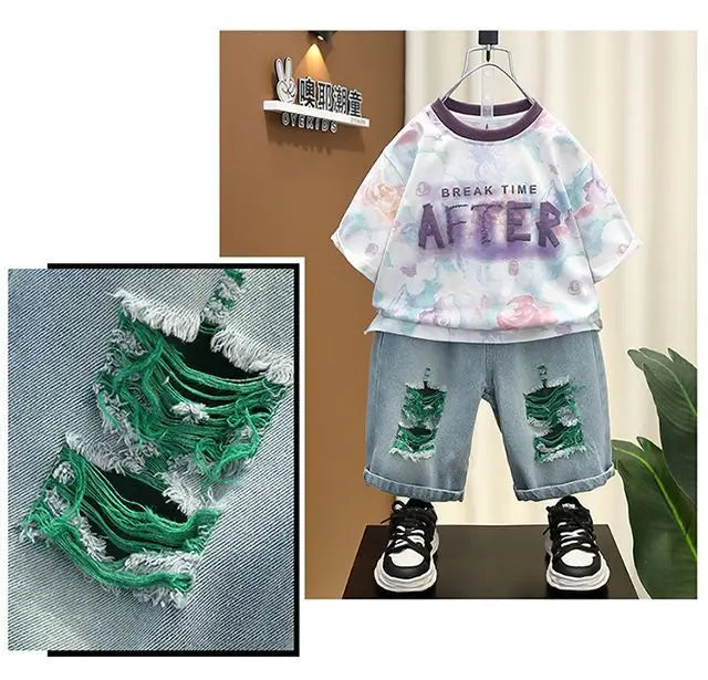 2025 Kids Clothing Boys' summer outfit set new stylish children's short sleeved letter T-shirt denim shorts 2-piece set