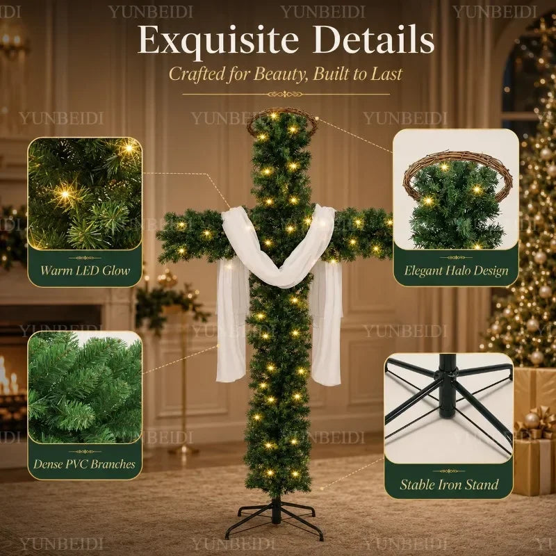 Cross-Shaped Artificial Christmas Tree with Metal Stand, 150 or 180 cm Green PVC Religious Holiday Decoration with Optional USB Lights