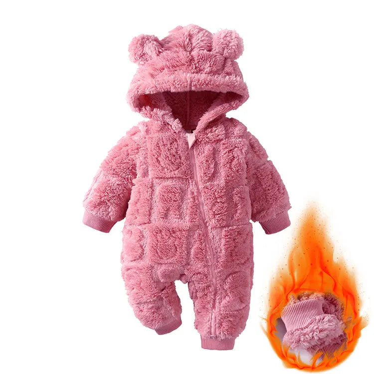 Cartoon Baby Hooded Romper – Long Sleeve Arctic Velvet Winter Outfit, Warm Newborn Clothing (0–18 Months)