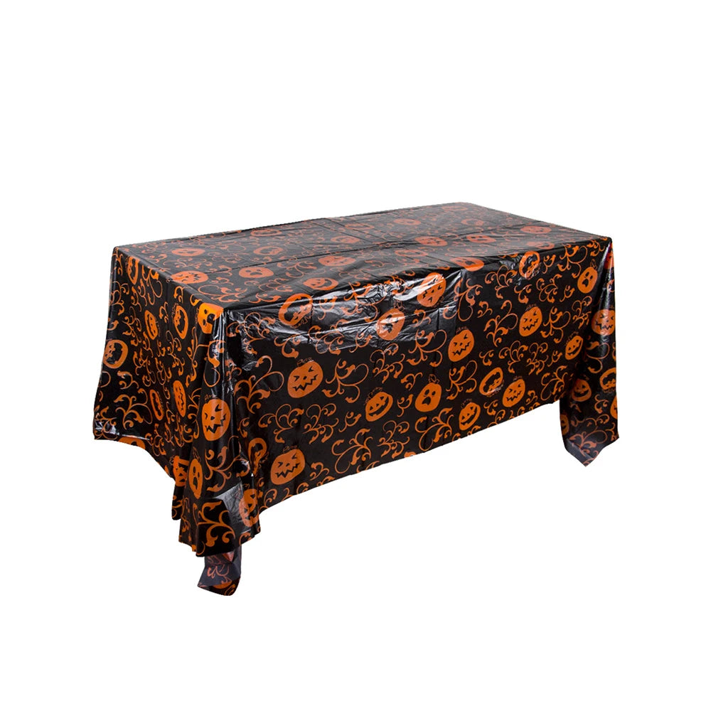Halloween Disposable Tablecloth – Pumpkin, Spider Web & Bat Design – Plastic Table Cover for Halloween Party & Home Decor