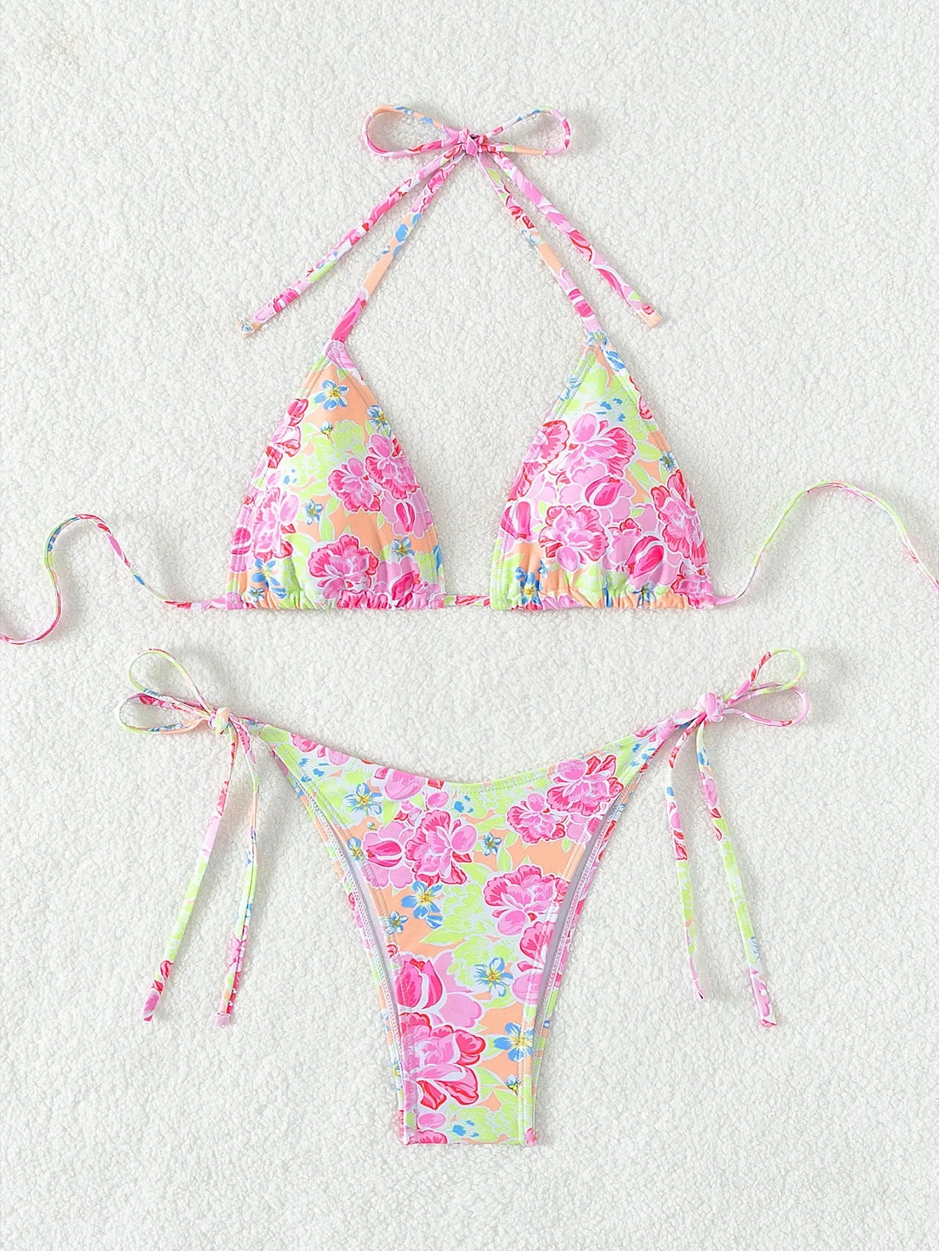 Women’s Blue Floral Print 2-Piece Bikini Set – Push-Up Bra and Thong Swimsuit for Beach and Swimwear