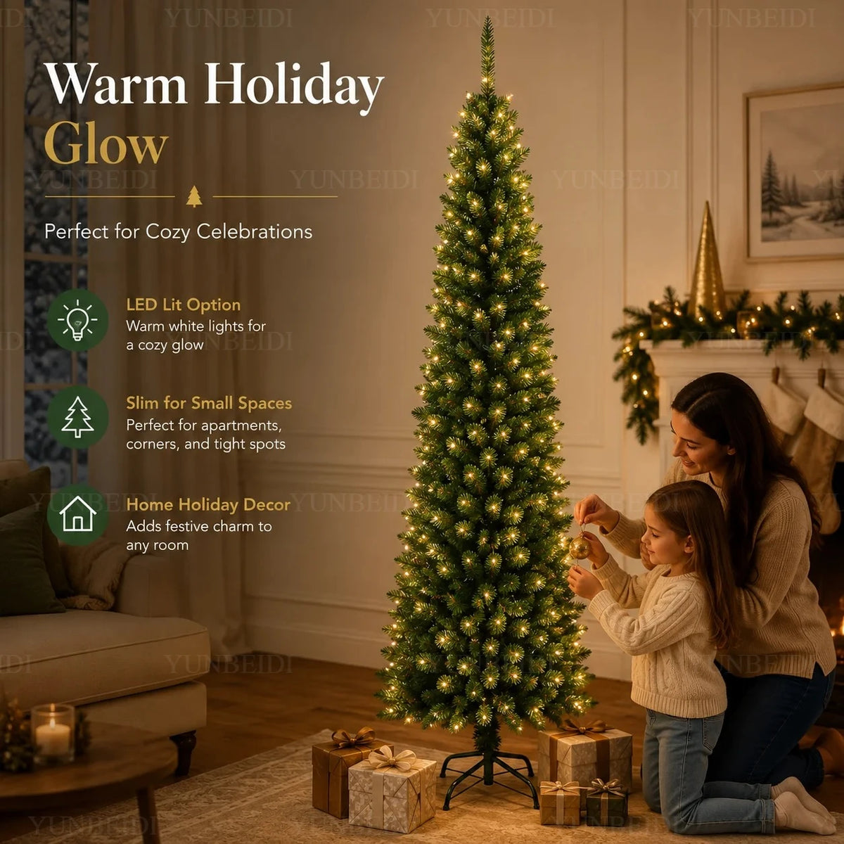 Slim Pencil Artificial Christmas Tree with Metal Stand, 120–210 cm Green PVC Tree with Optional Warm White USB Lights