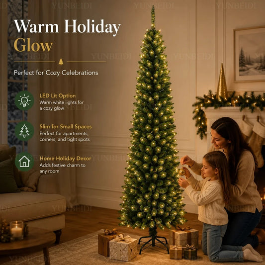 Slim Pencil Artificial Christmas Tree with Metal Stand, 120–210 cm Green PVC Tree with Optional Warm White USB Lights