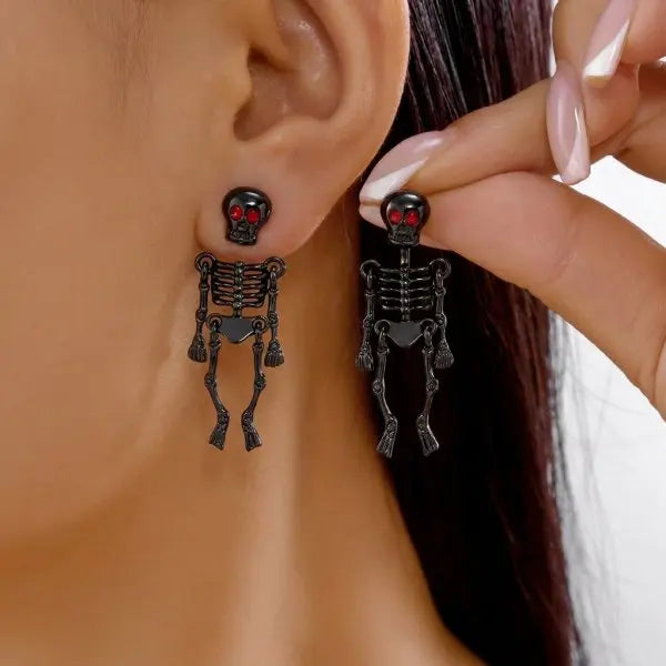 rinhoo Halloween Skull and Skeleton Dangle Earrings for Women, Gothic Zinc Alloy Statement Jewellery for Punk Outfits and Costume Parties