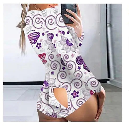 Women’s Christmas Button-Front Pajama Jumpsuit with Back Flap Holiday One-Piece Loungewear