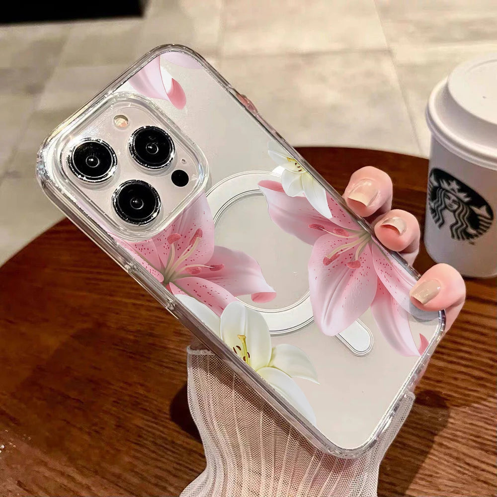 Pink Lily Cherry Blossom Magnetic Clear Phone Case for iPhone