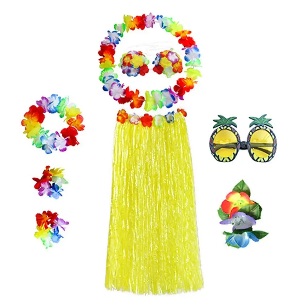 8-Piece Hawaiian Hula Costume Set – Grass Skirt, Flower Lei Necklace, Headband, Anklets & Bracelets for Parties and Dress-Up