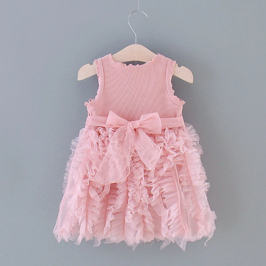 Girls' Summer Sleeveless Knitted Dress with Mesh Skirt – Wooden Ear Edge Design, Round Neck
