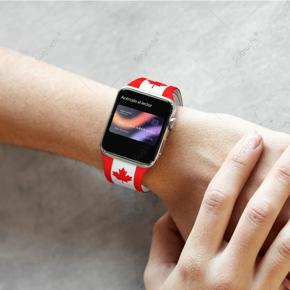 Canada Flag Silicone Sport Watch Band for Apple Watch Ultra 2 / Series 10 9 8 7 6 5 4 SE – Unisex 3D Printed Strap