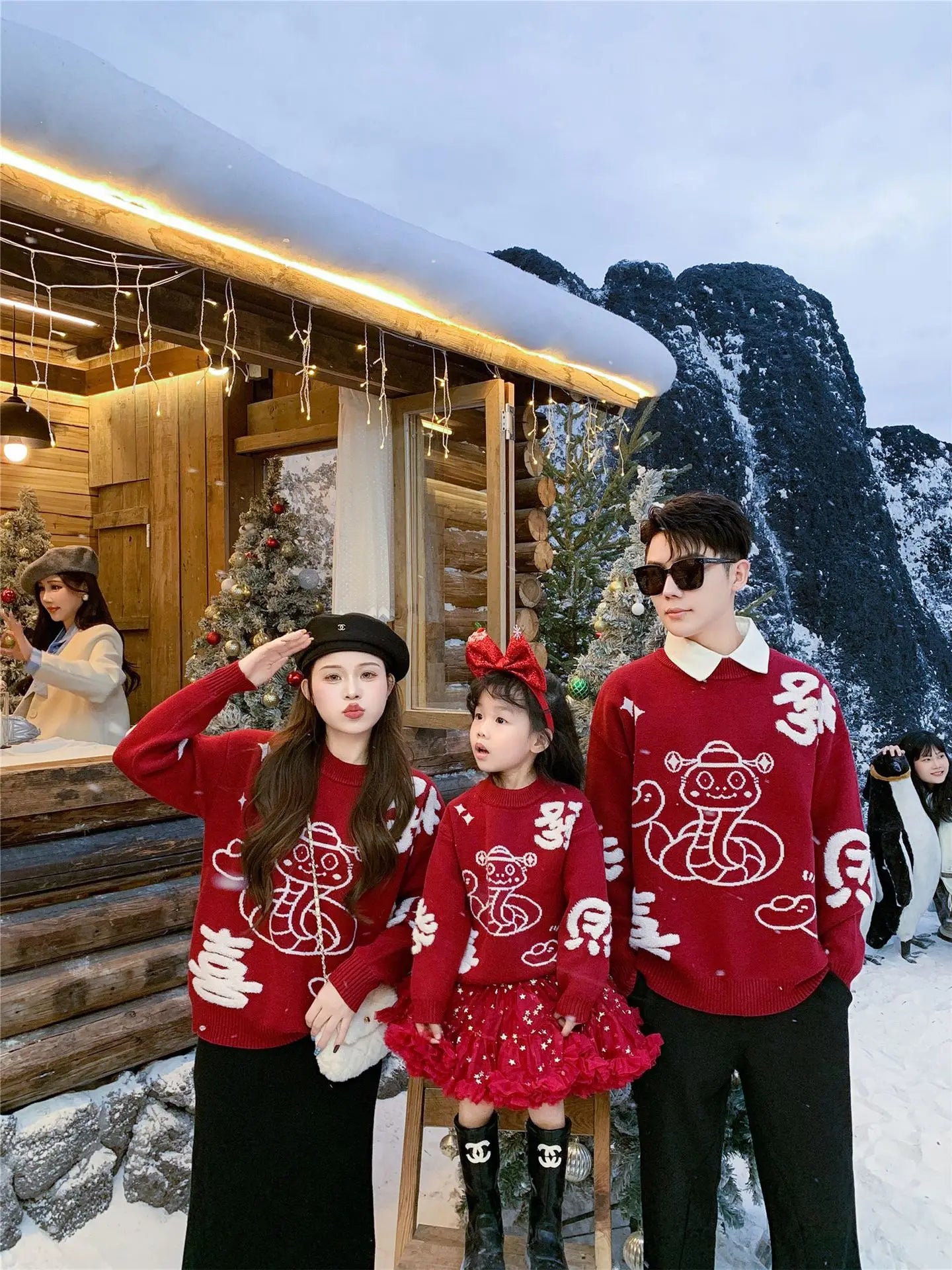 New Year Matching Family Red Chinese Sweater Father Mother and Daughter Son Snake Knit Jumper Infant Baby Knit Romper