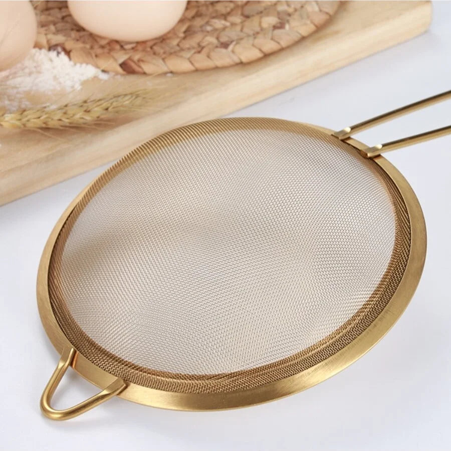 1pc Stainless steel colander kitchen bakery gold strainer with hook oil scoop soybean milk juice rice milk filter flour screen