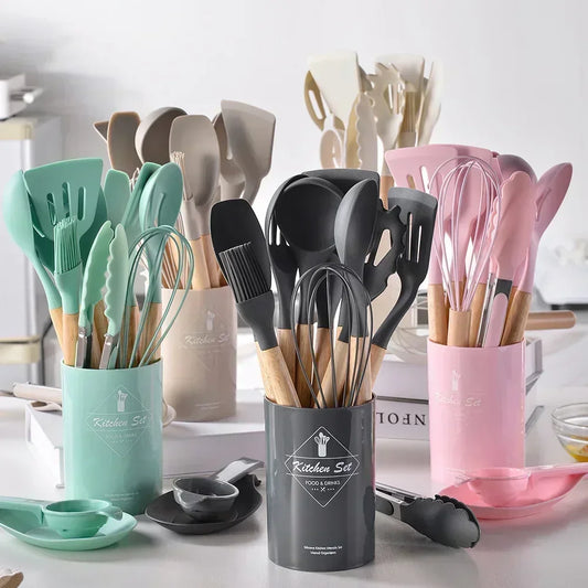 12-Piece Non-Stick Silicone Cooking Spoon Set with Wooden Handles – Heat-Resistant Kitchen Utensils with Storage Container | Ideal for Home & Professional Use