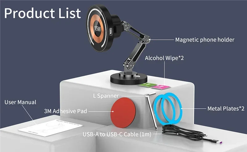 15W Magnetic Wireless Car Charger Mount – Strong MagSafe Phone Holder with 360° Rotation & Fast Charging for iPhone 15/14/13/12