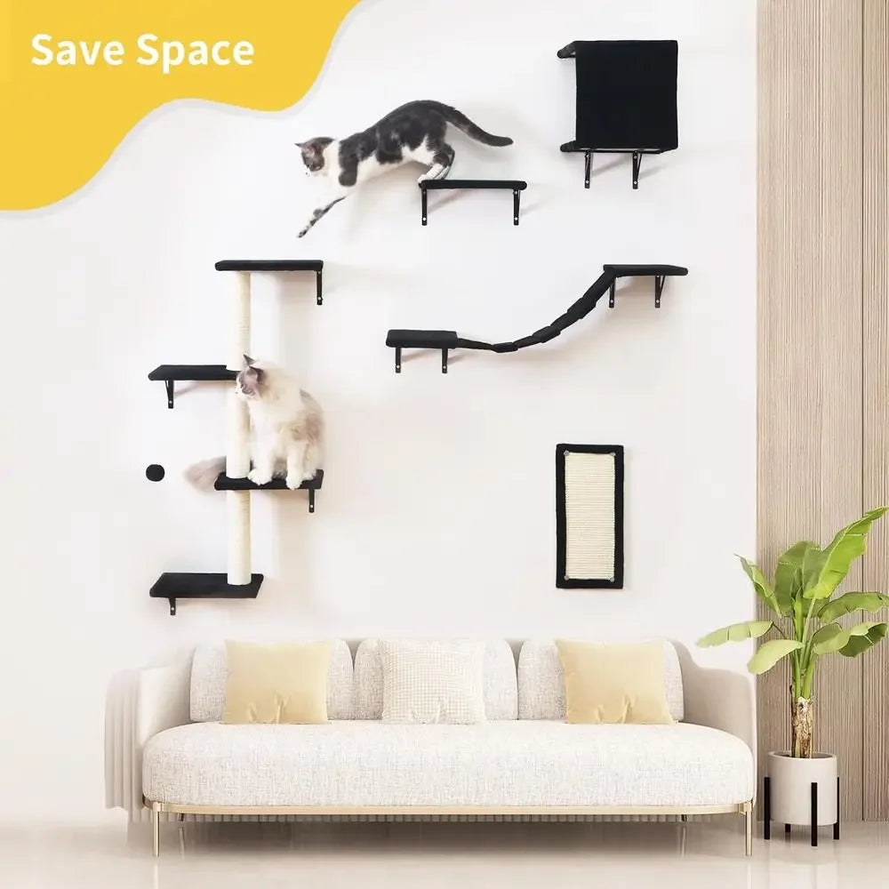 5-Piece Wooden Cat Wall Furniture Set with House, Bridge, Tree, Steps & Scratcher – Black