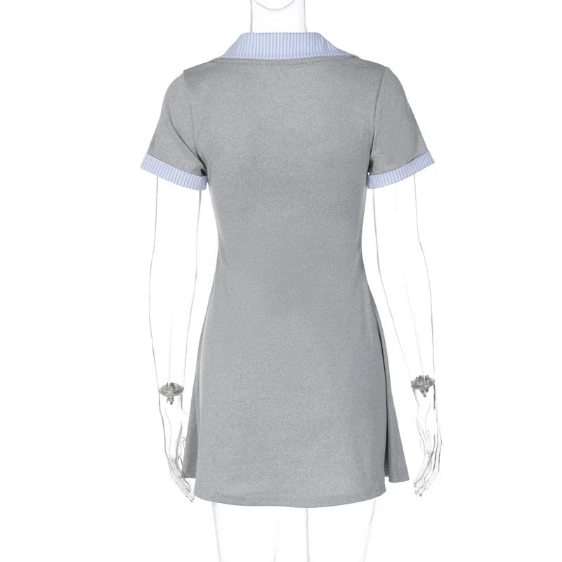 Short Sleeve Mini Dress – Square Neck Patchwork Striped High Waist Slim Fit Dress for Women