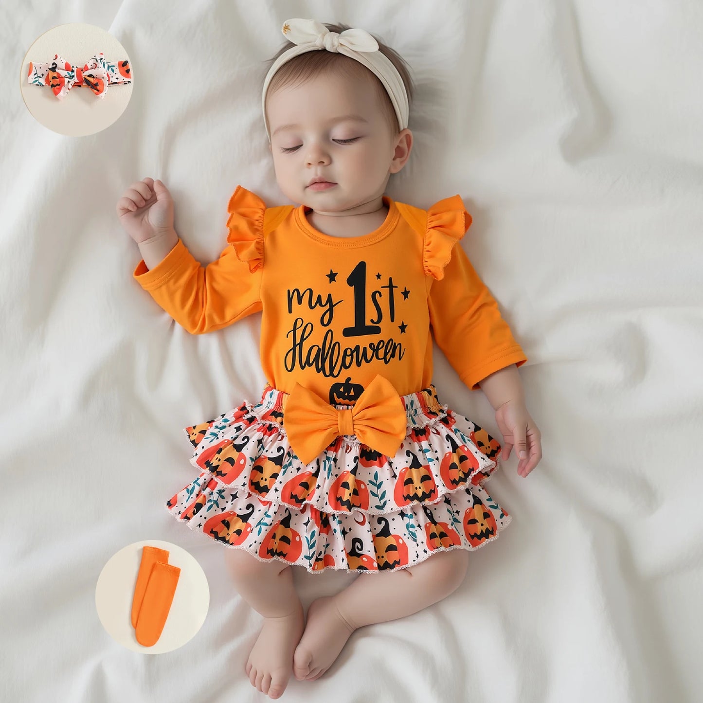 Baby Girls Halloween Outfit – Long Sleeve Romper, Ruffle Shorts, Headband & Socks Set