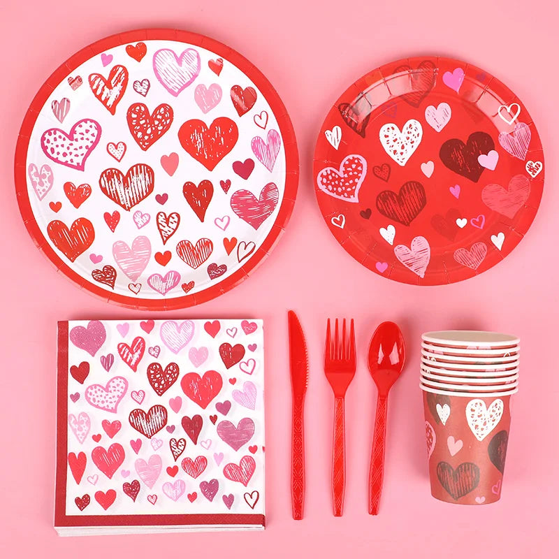 Love Heart Disposable Tableware Set – Paper Plates, Cups, Napkins & Tablecloth for Valentine’s Day, Wedding, Anniversary & Party Decor