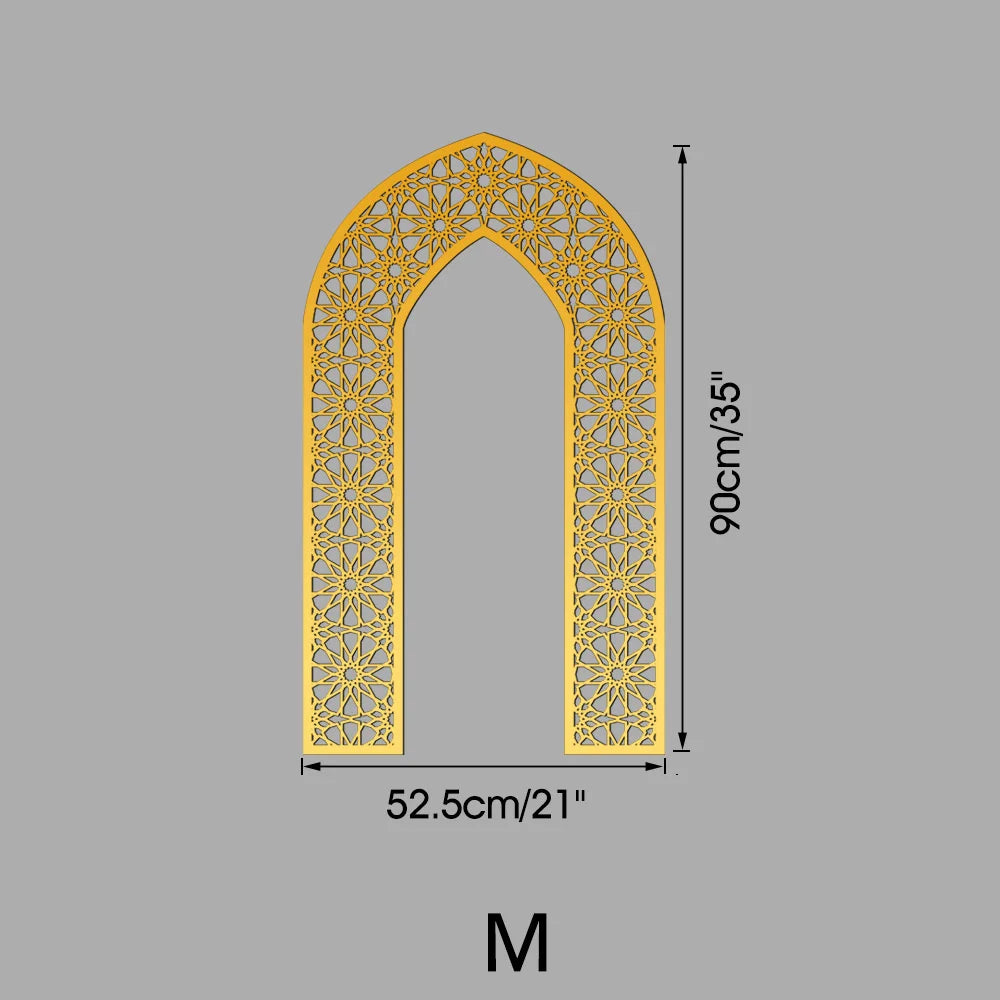 Islamic Arch Mirror Wall Sticker – Gold Acrylic 3D Mosque Frame Decal with Geometric Pattern for Ramadan & Eid Decor