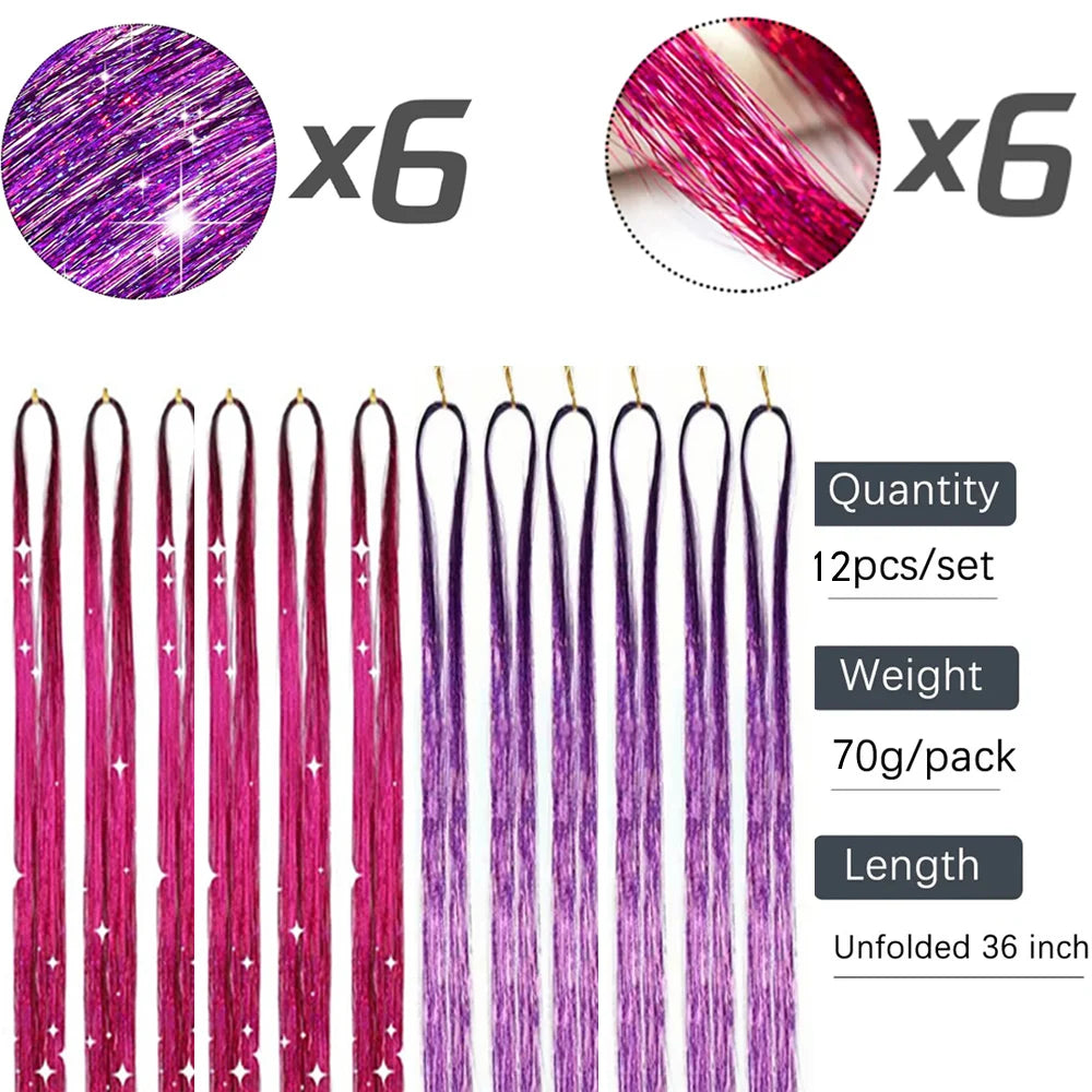 Glitter Hair Tinsel Extensions – 12-Piece Sparkling Fairy Hair Accessories for All Occasions