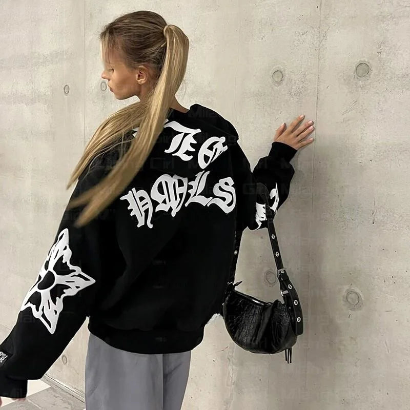 Gothic Style Women’s Zip Hoodie, Snowflake Graphic Fleece-Lined Sweatshirt with Long Sleeves