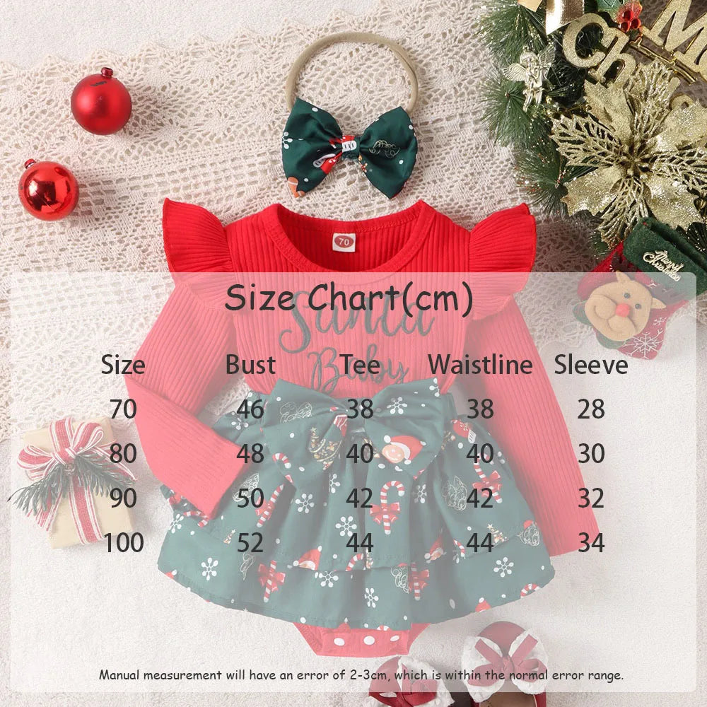 Baby Girl Christmas Dress Set – Snowflake Bodysuit, Bow Skirt & Headband