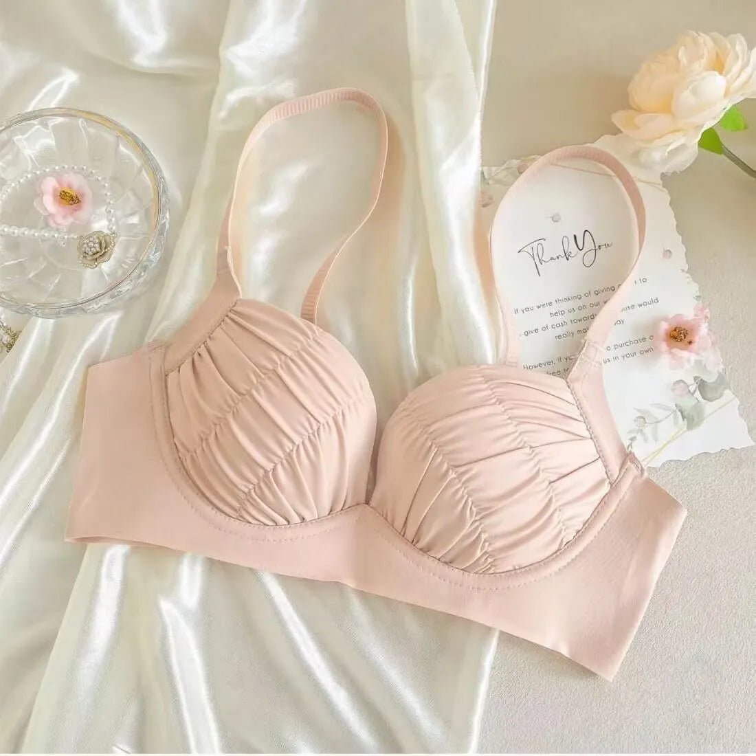 2025 New Pleated Bras Push Up Bra Small Chest No Steel Ring Wirelss Soft Bra Solid Color Sweet Seamless Bra