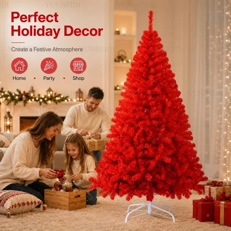 Red Artificial Christmas Tree, 120–240 cm PVC Holiday Tree with Optional Warm White USB LED Lights for Indoor Decorating