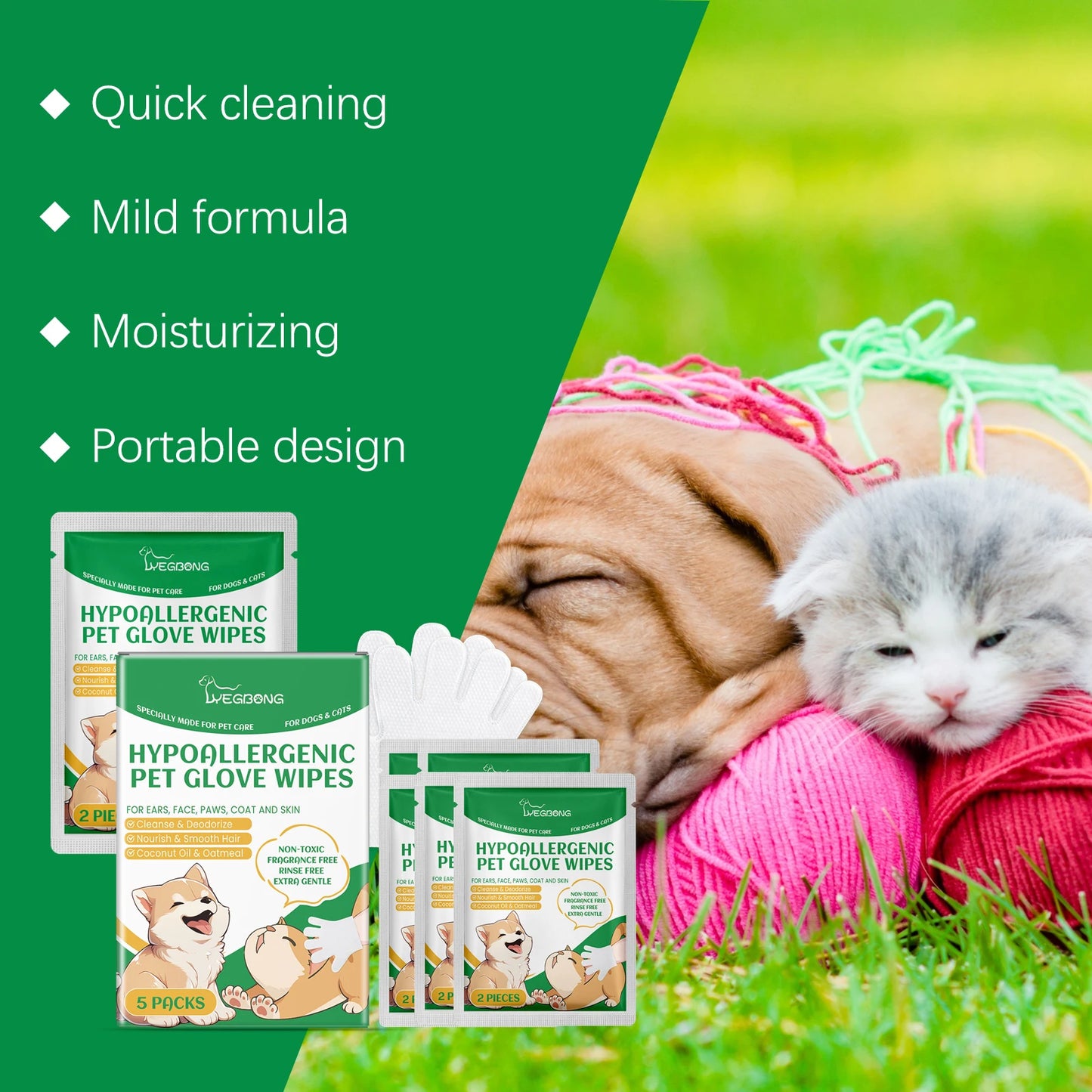 No-Rinse Pet Cleaning Gloves – Dogs & Cats, Coconut Oil & Glycerin, Disposable Wipes
