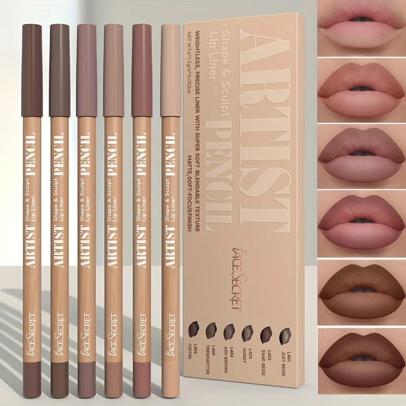Velvet Matte Lip Liner Pencil Set (6-Piece), Long-Lasting, Smooth Lip Definition