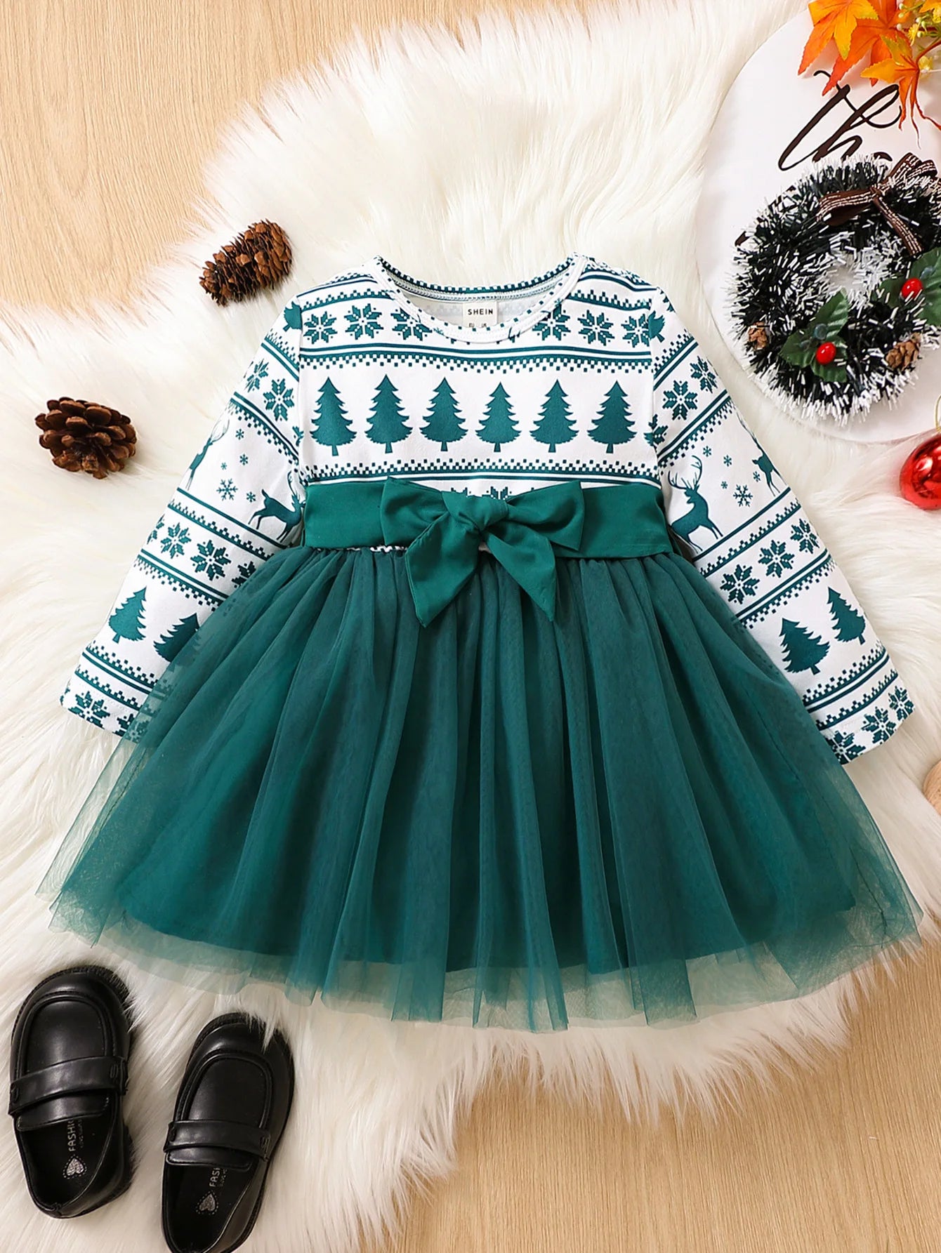 Baby Girl New Year Dress – Green Christmas Tree Print Outfit, “My First New Year” Costume for Newborns & Toddlers