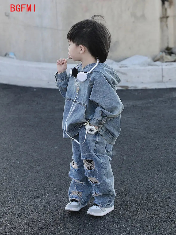 Jacket Hoodies + Jeans 2 Pcs Set Autumn Spring Vintage Children’s Clothing Boy Denim Hole Pants Kids Hooded Pullover Top