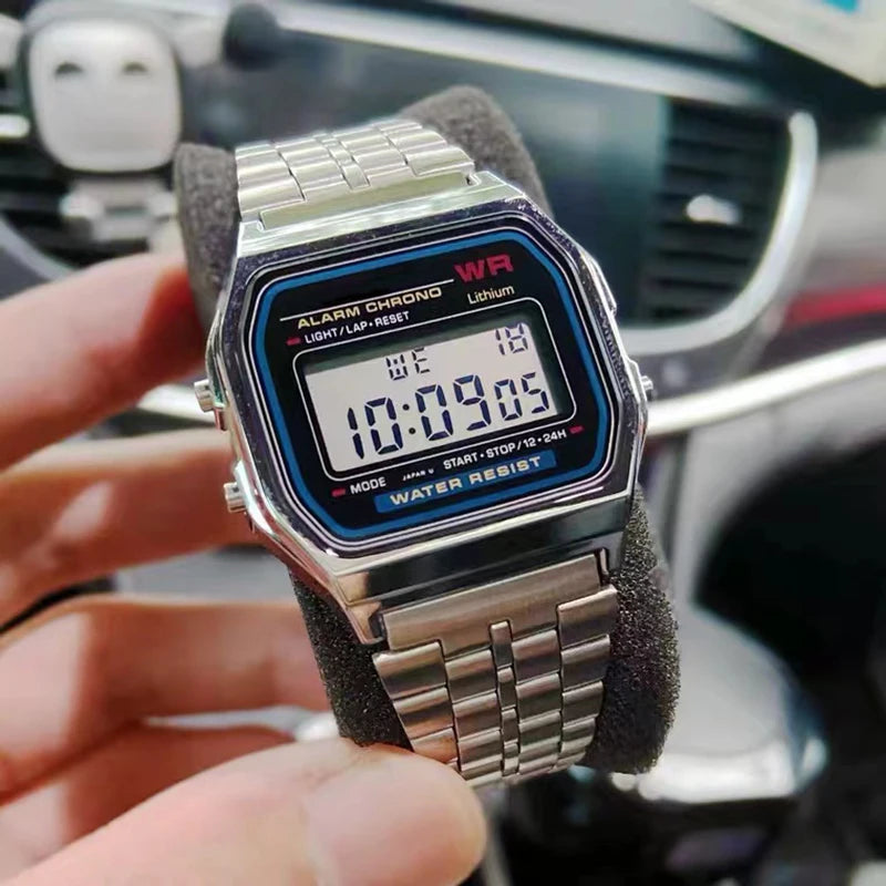 Vintage LED Digital Watch with Steel Strap – Unisex Electronic Sports Wristwatch, Valentine’s Day Gift