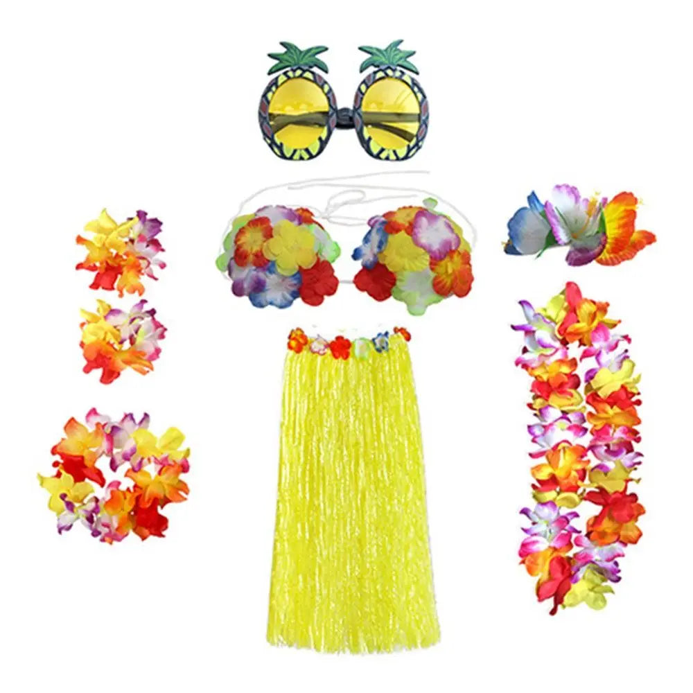 8-Piece Hawaiian Hula Costume Set – Grass Skirt, Flower Lei Necklace, Headband, Anklets & Bracelets for Parties and Dress-Up