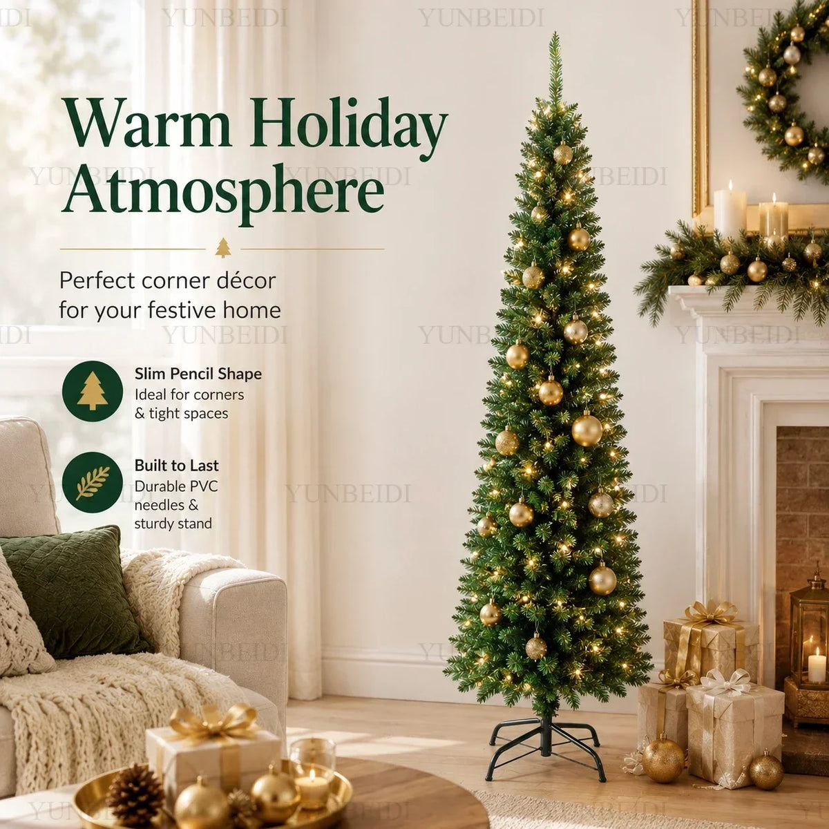 Slim Pencil Artificial Christmas Tree with Metal Stand, 120–210 cm Green PVC Tree with Optional Warm White USB Lights